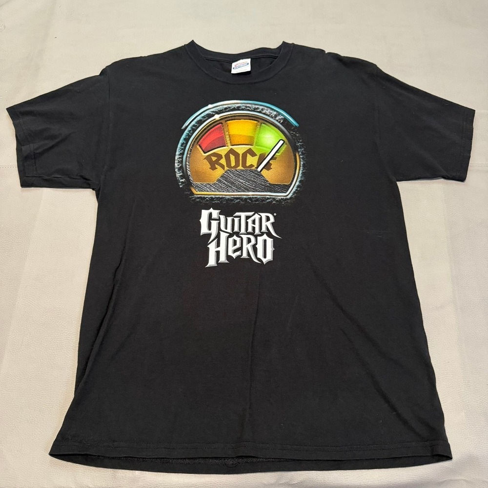 VTG Y2K Guitar Hero Rock Meter Graphic T-Shirt Men PS2 Gamecube Game Promo-L7551